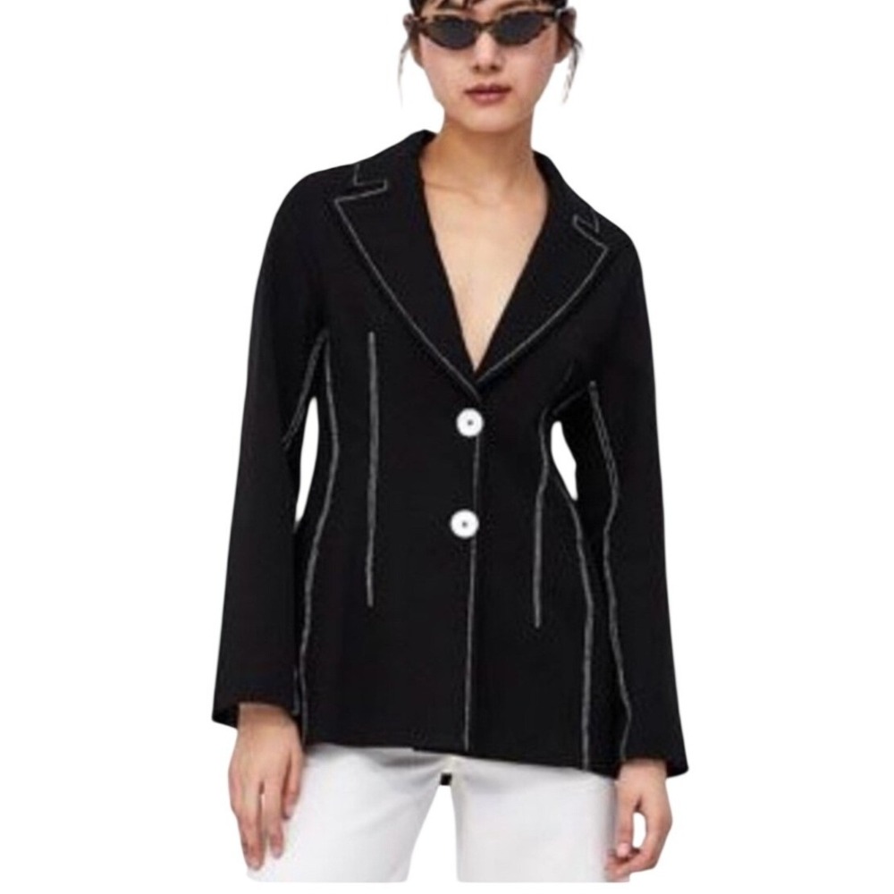 Zara Black Blazer with White Contrast Stitching